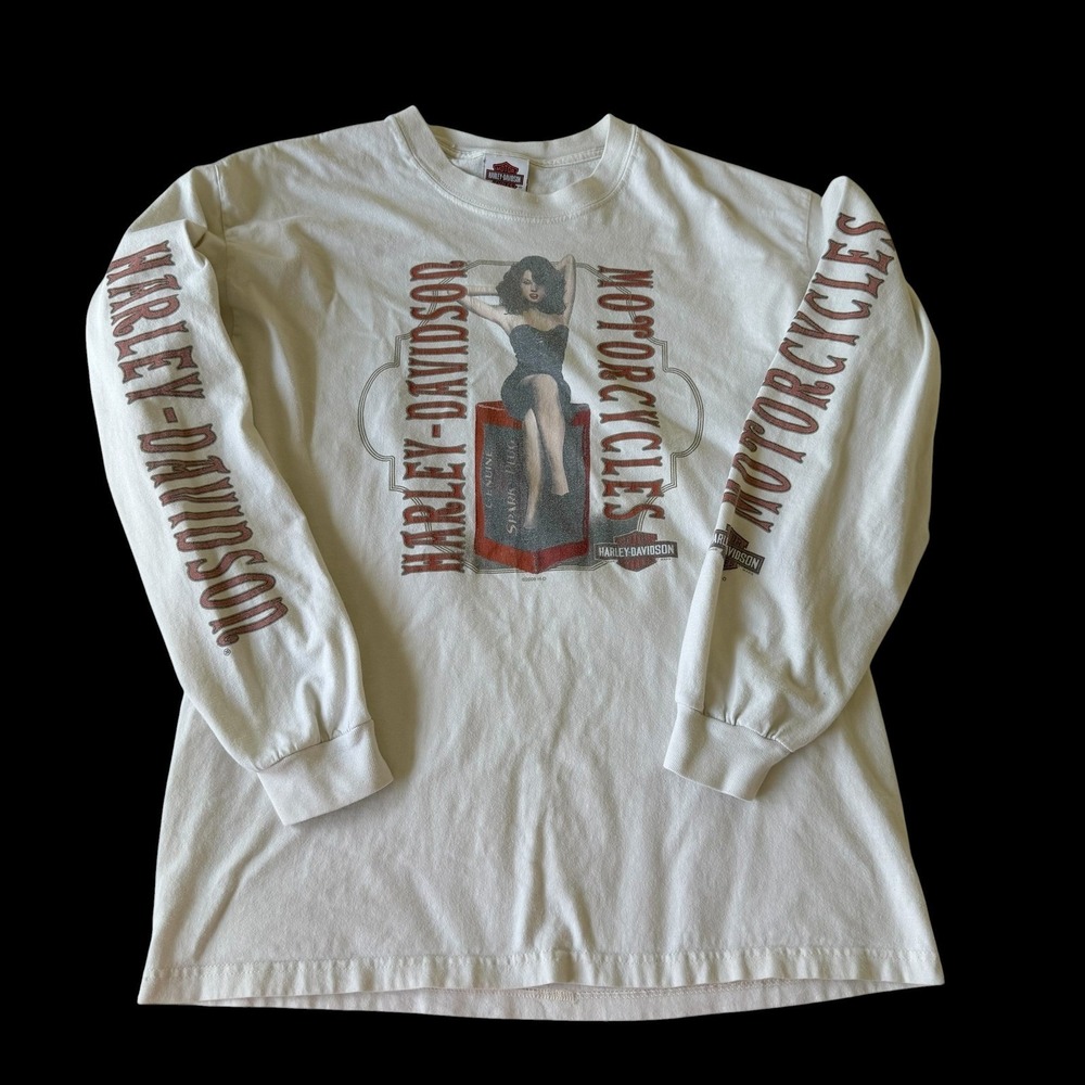 Y2K Harley Davidson Daytona Pin Up Girl Long‎ Sleeve Shirt Large White 2008